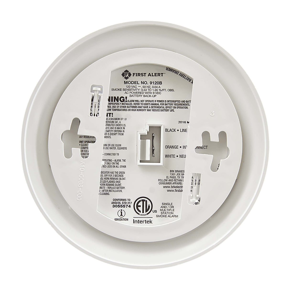 9120B Hardwired Ionization Smoke Alarm - Back