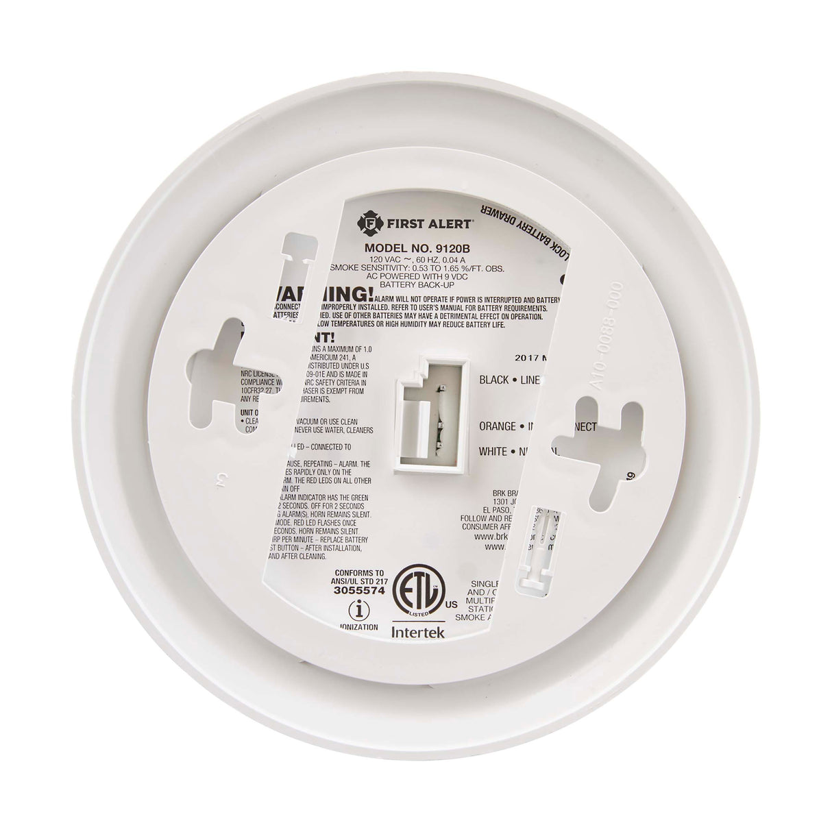 Back - Hardwired Ionization Smoke Alarm with 10 Year Battery Backup