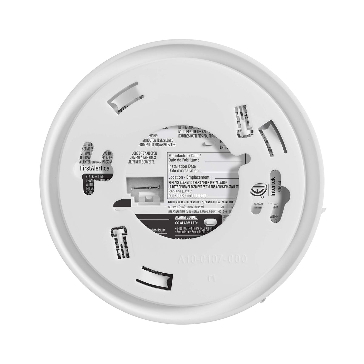 Back view CO6W01A Hardwired CO Alarm with Battery Backup - CA