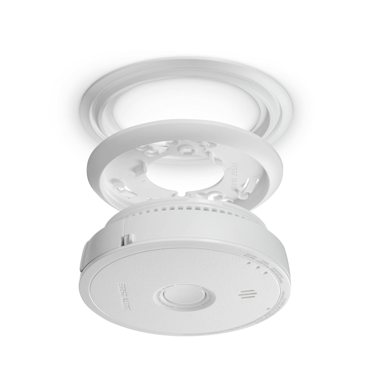 Angle view CO6W01A Hardwired CO Alarm with Battery Backup with mounting plate and trim plate - CA
