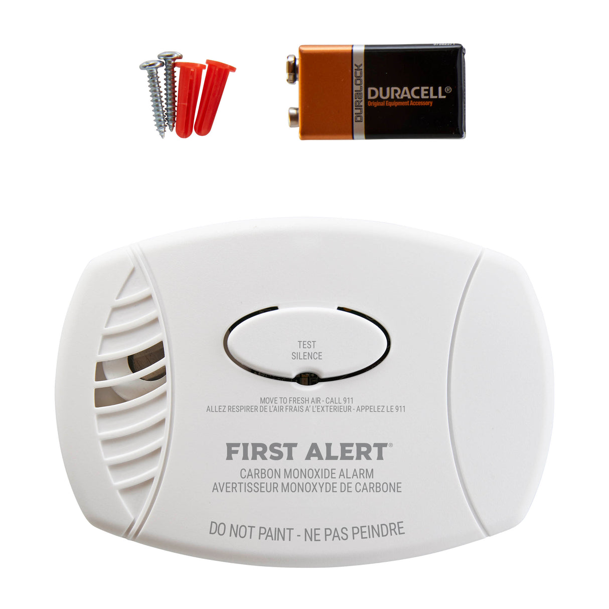 Front facing white CO7B01A Battery CO Alarm with accessories