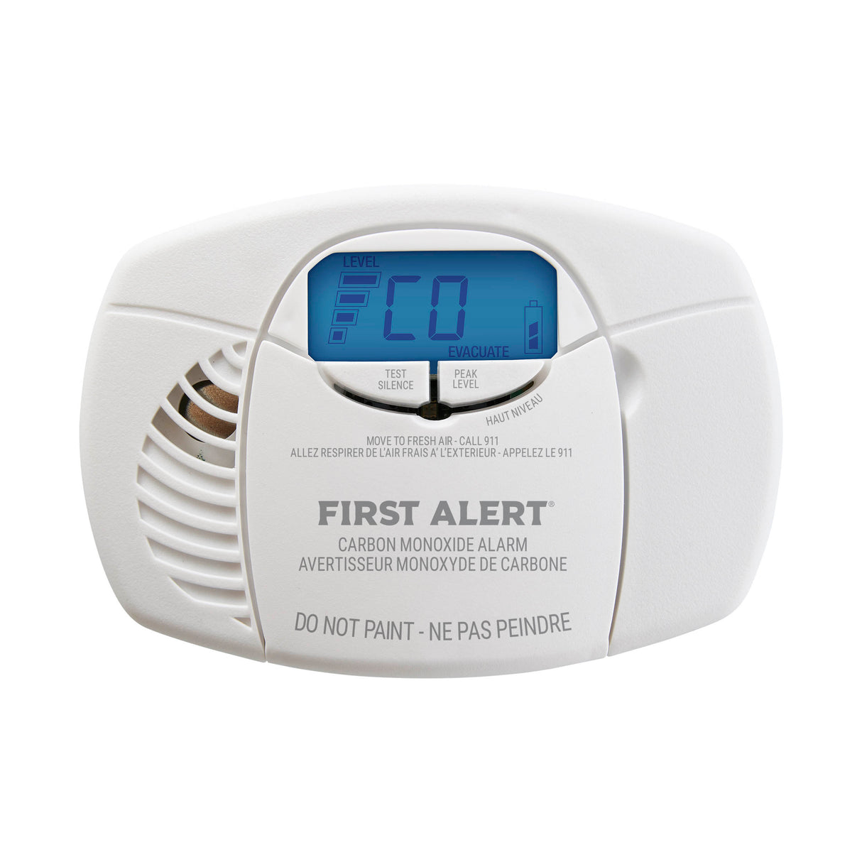 Front facing white CO7B01DA Battery CO alarm with display