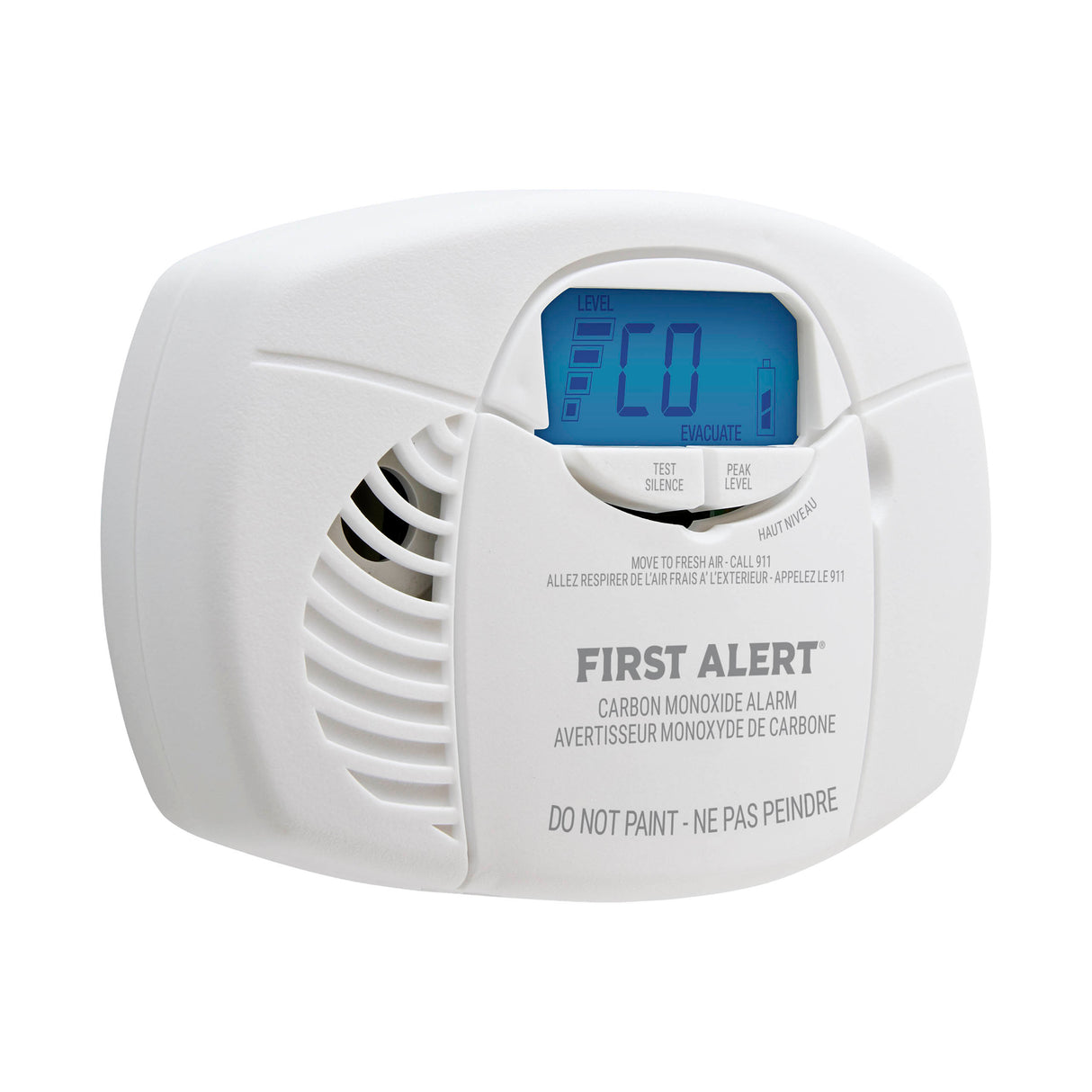 Facing right white CO7B01DA Battery CO alarm with display
