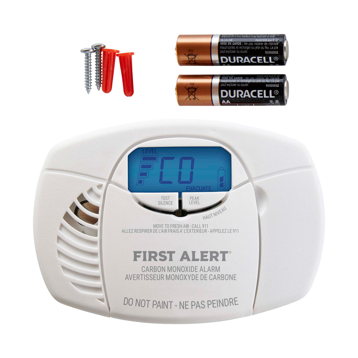 Front facing white CO7B01DA Battery CO Alarm with display and accessories