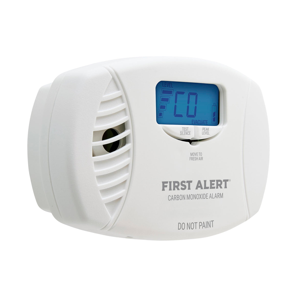 Right Facing CO7P01D Plug-In CO Alarm with display in fahrenheit