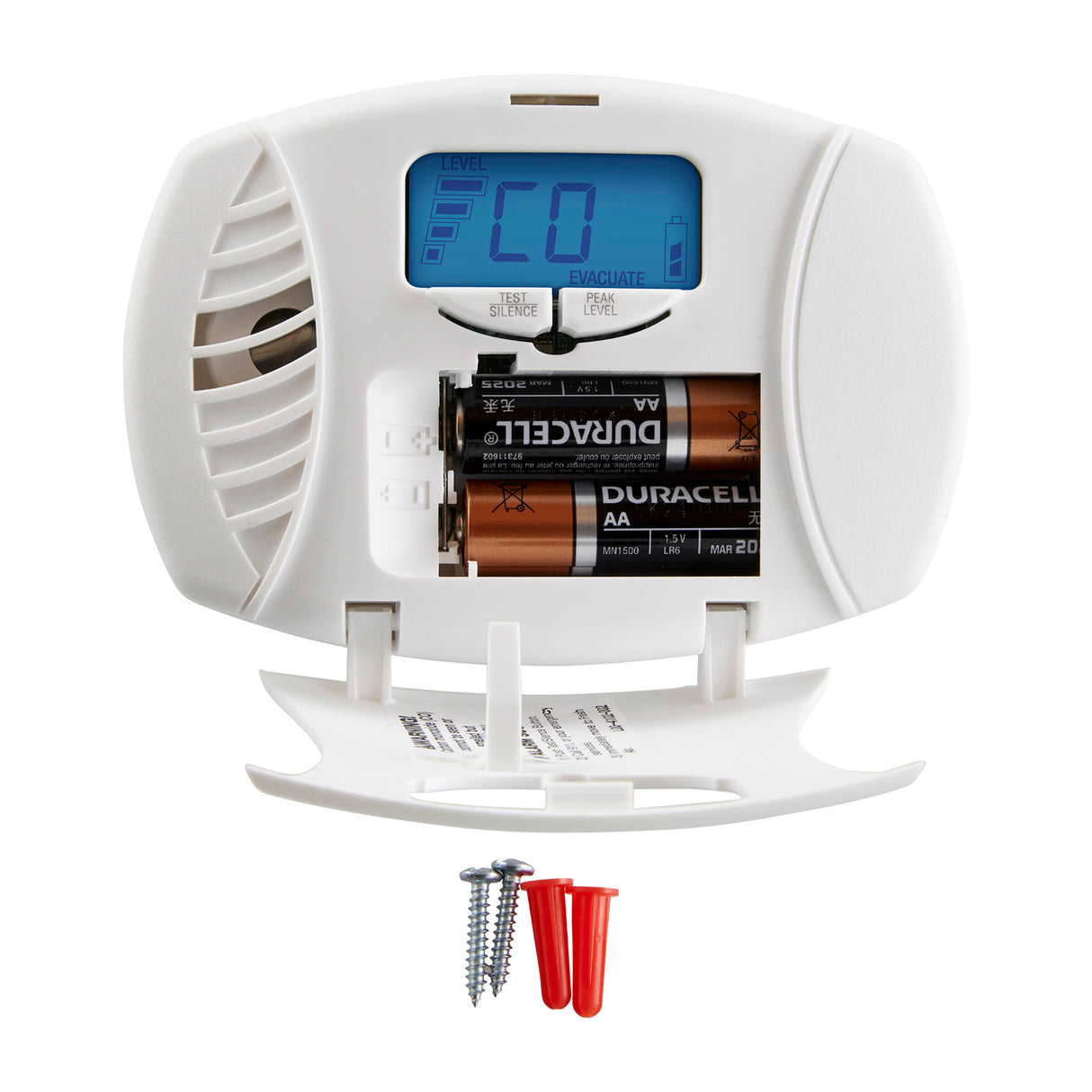 Front Facing CO7P01D Plug-In CO Alarm with display and accessories with batteries