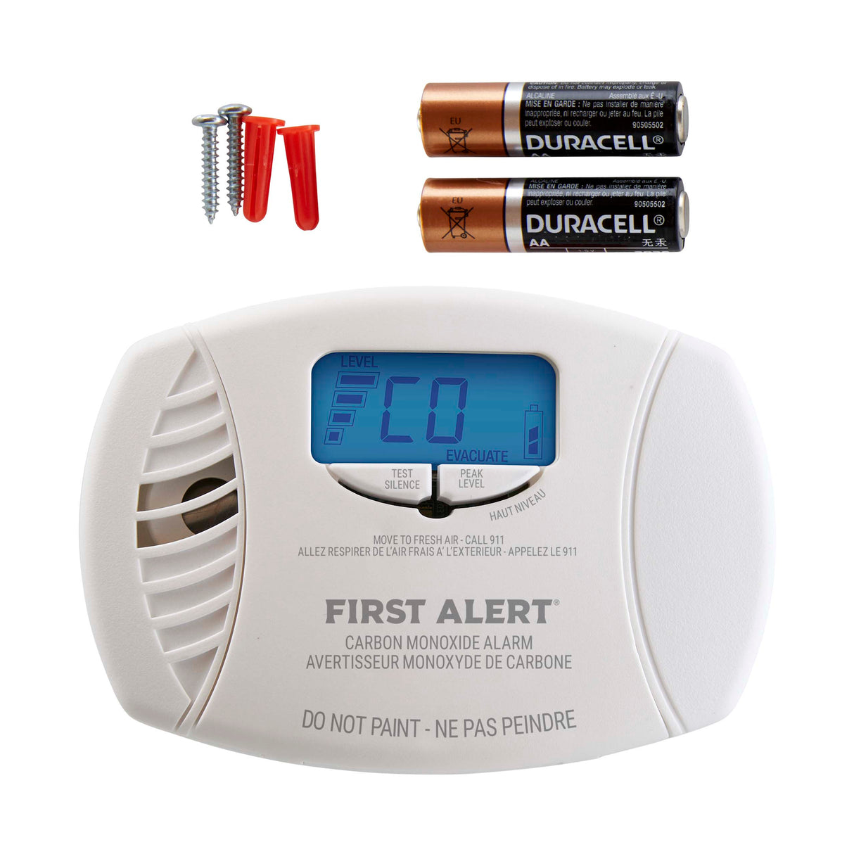 Front Facing CO7P01DA Plug-In CO Alarm with display and accessories
