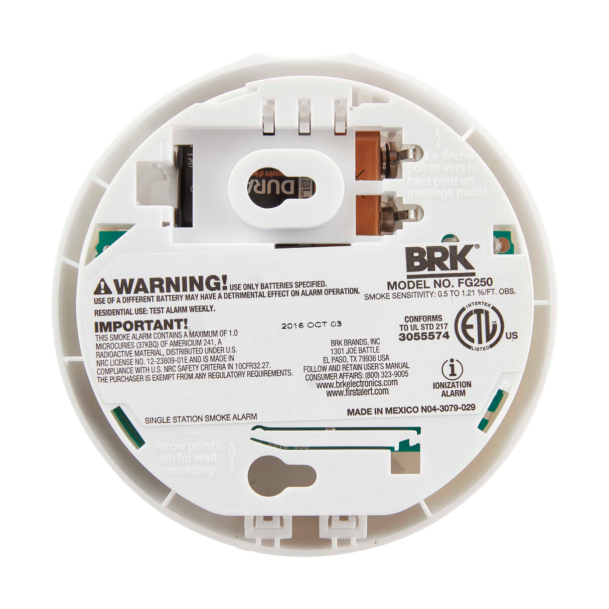 Back - Basic Battery Powered Ionization Smoke Alarm with Silence