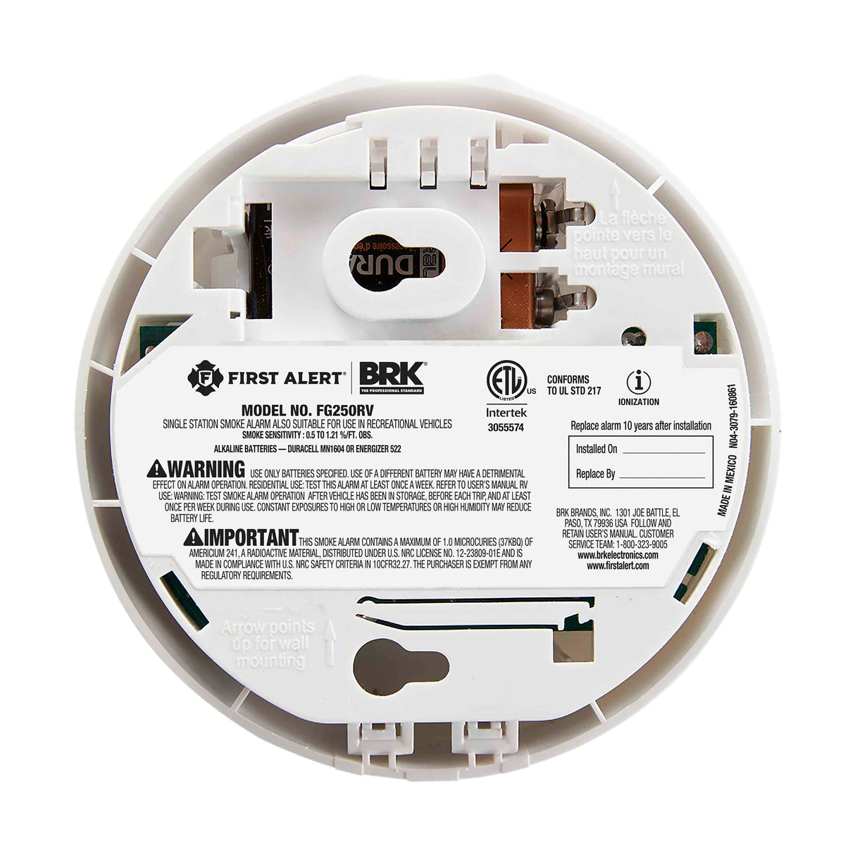 FG250RV Back - Basic Battery Powered Ionization Smoke Alarm - RV Approved