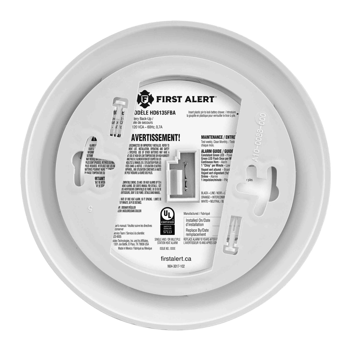 HD6135FBA Hardwired Heat alarm Back view with information and installation holes