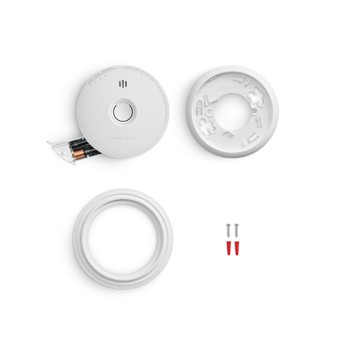 Front view of SC601A Battery-Operated Combo Smoke -CO Alarm, battery, trim and mounting plate - CA