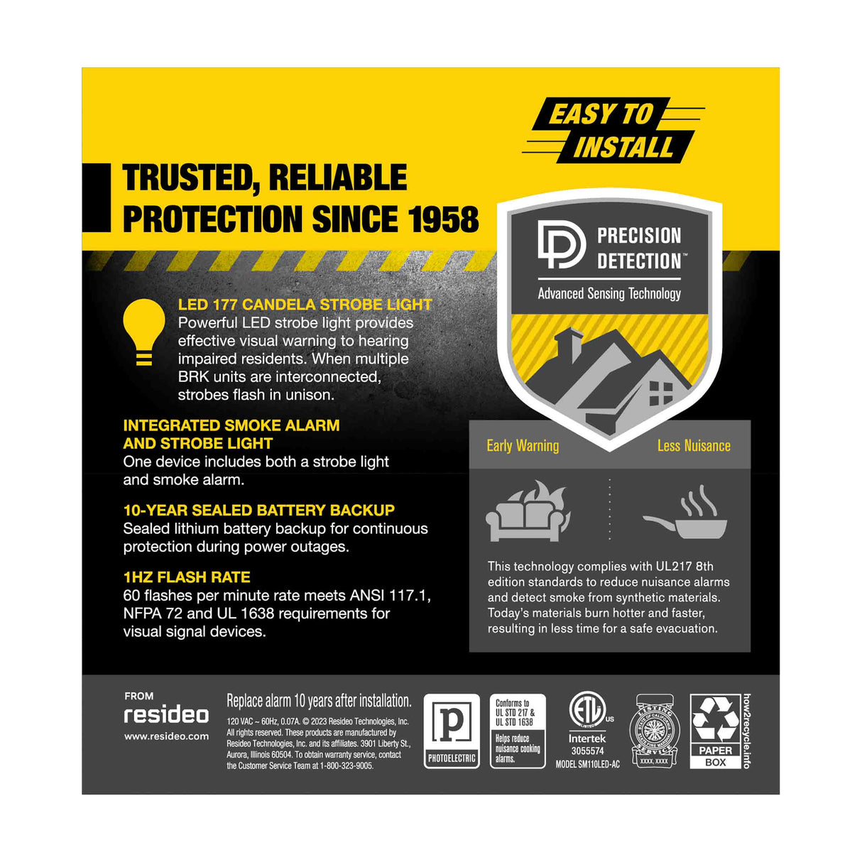 Hardwire Smoke Alarm with LED Strobe and 10-Year Battery Backup