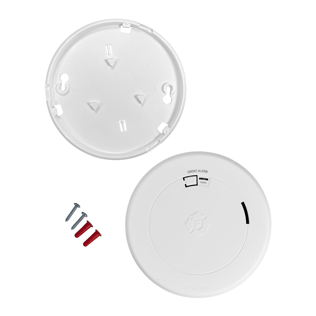 Smoke Alarm with mounting plate, screws, and anchors