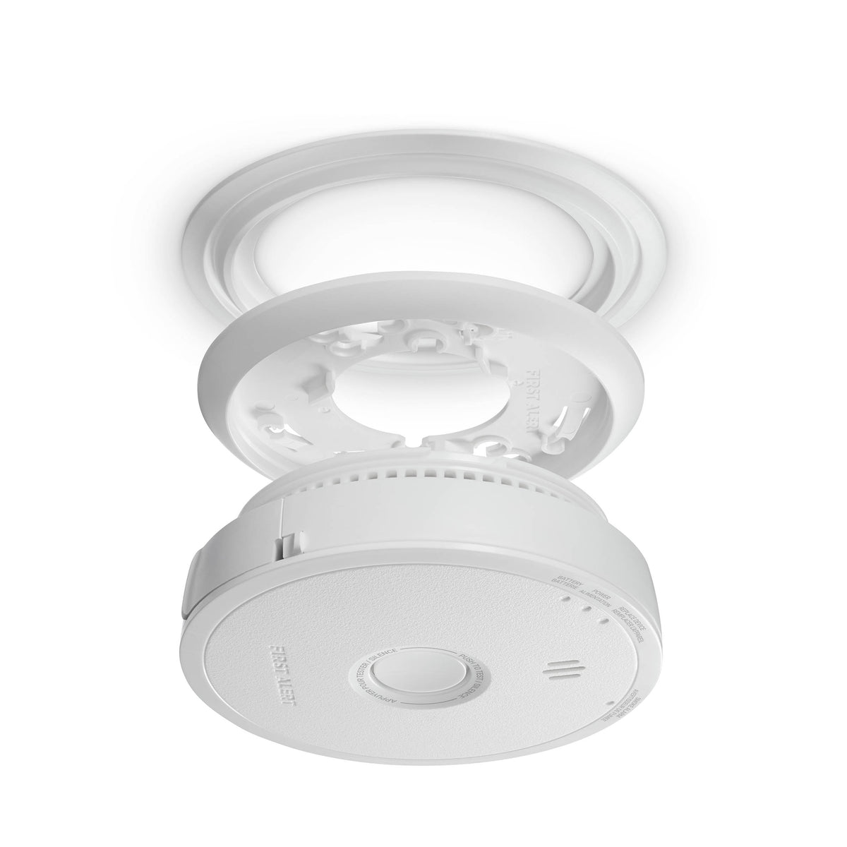 Side view of SM601A Battery Powered Smoke Alarm with mounting plate and trim plate - CA