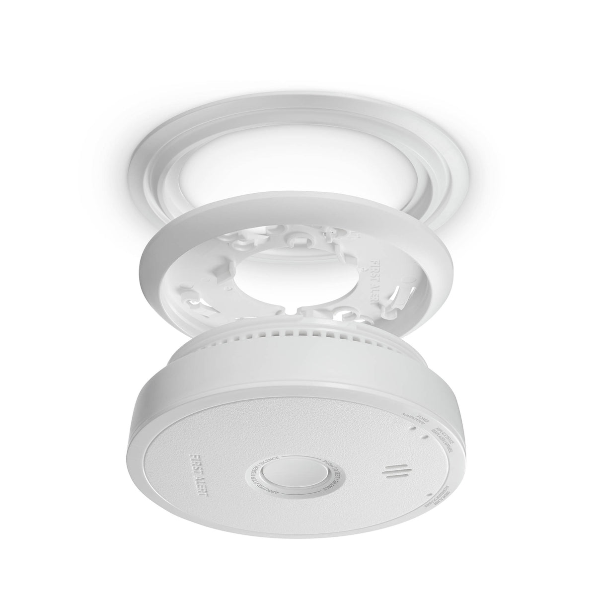 Side view SM610A 10-year Sealed Battery Smoke Alarm with mounting plate and trim plate - CA