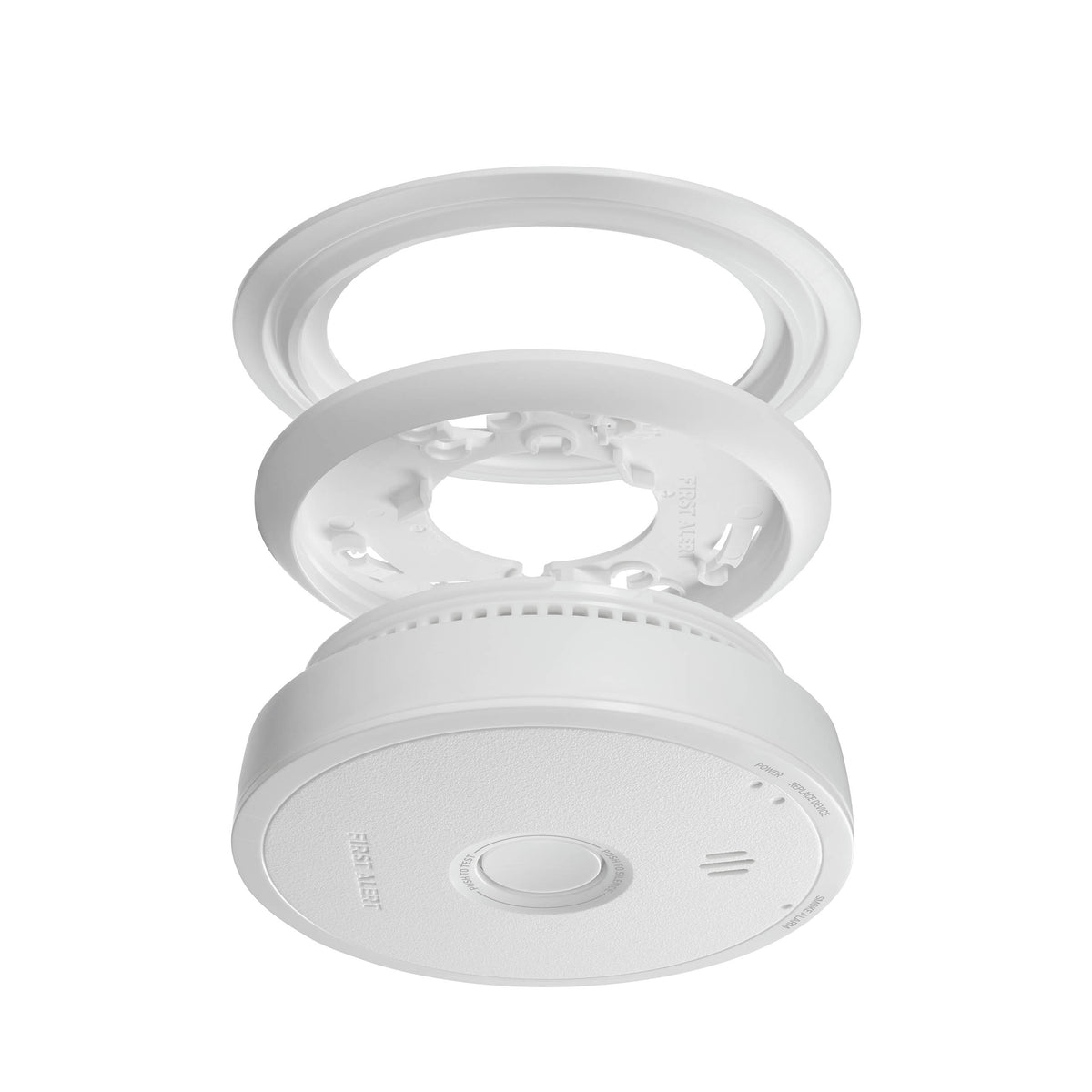 Side view SM610 10-year Sealed Battery Smoke Alarm with mounting plate and trim plate - US