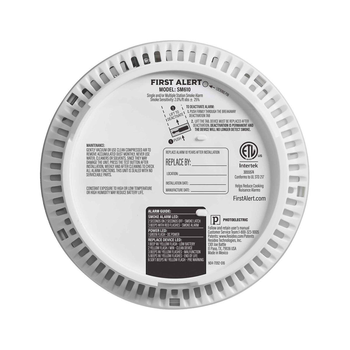 Back view of SM610 10-year Sealed Battery Smoke Alarm - US