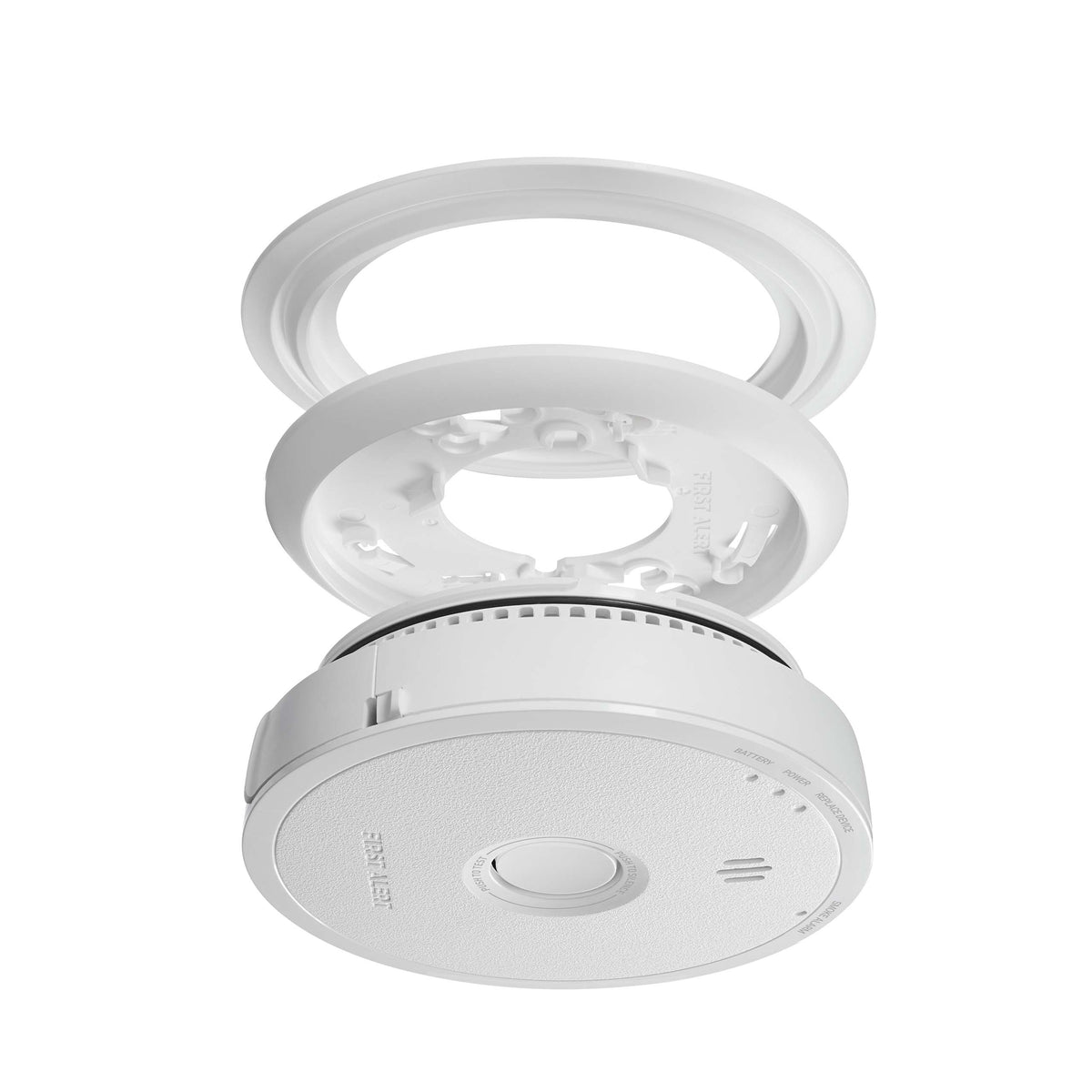 Side view of SM6W01 Hardwire Smoke Alarm with Battery Backup with mounting plate and trim plate - US