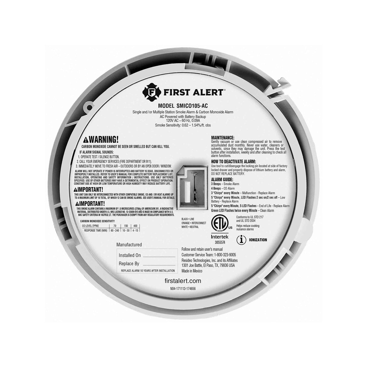 Smoke and CO Alarm view from the back