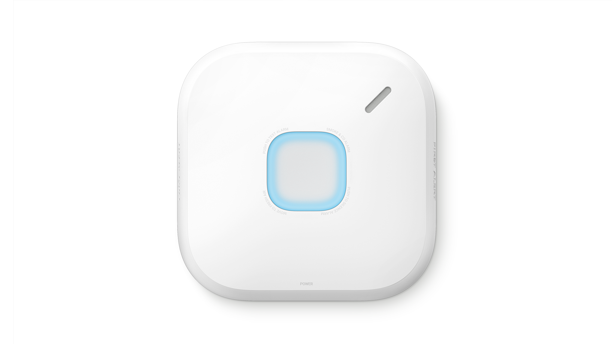 Wireless smart home device with a central illuminated square button shown on a white background.