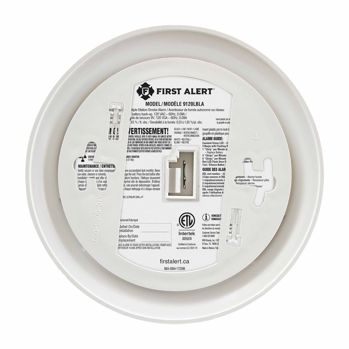 9120LBLA Hardwired Ionization Smoke Alarm with 10 Yr Battery Backup - Back