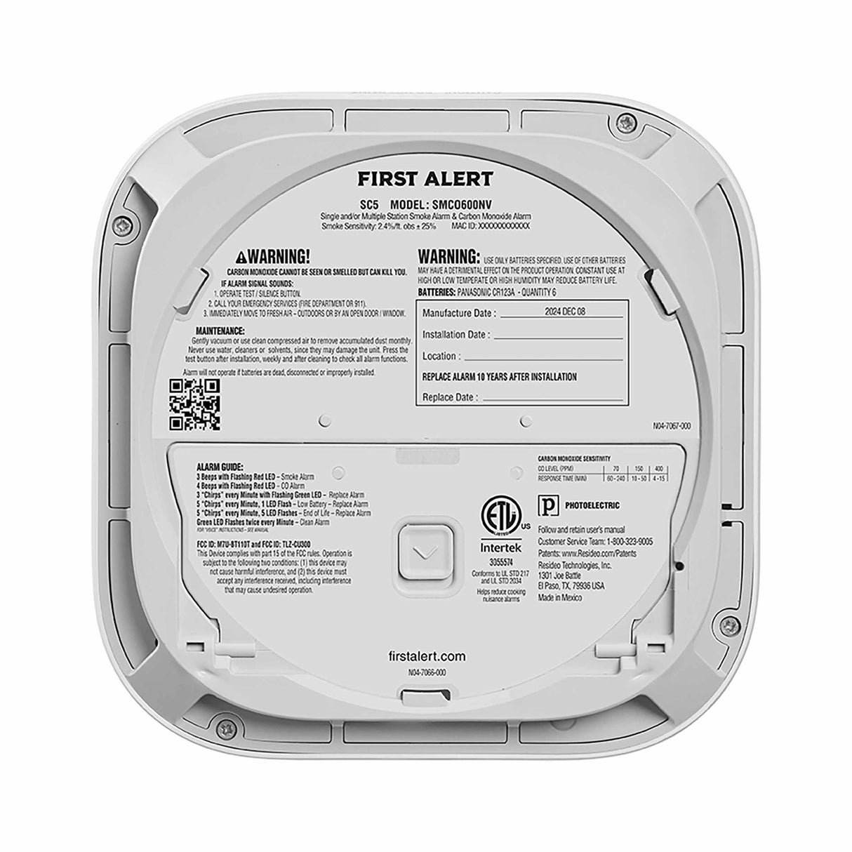 SC5 Battery Smart Smoke Carbon Monoxide Alarm Back