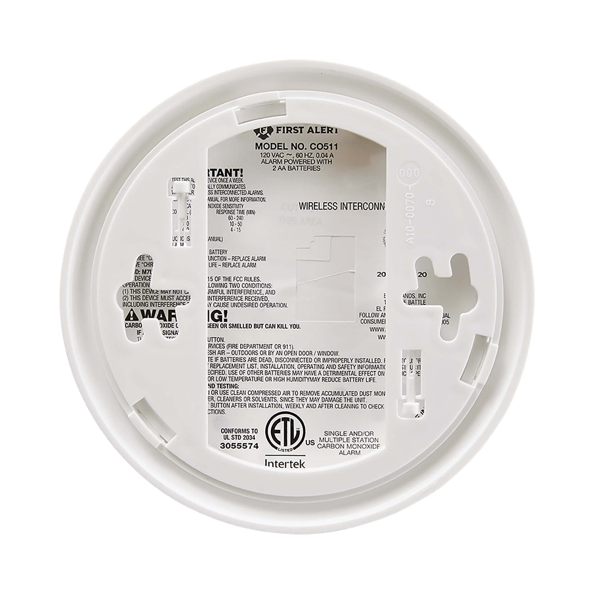 Carbon Monoxide Alarm back view with mounting bracket attached