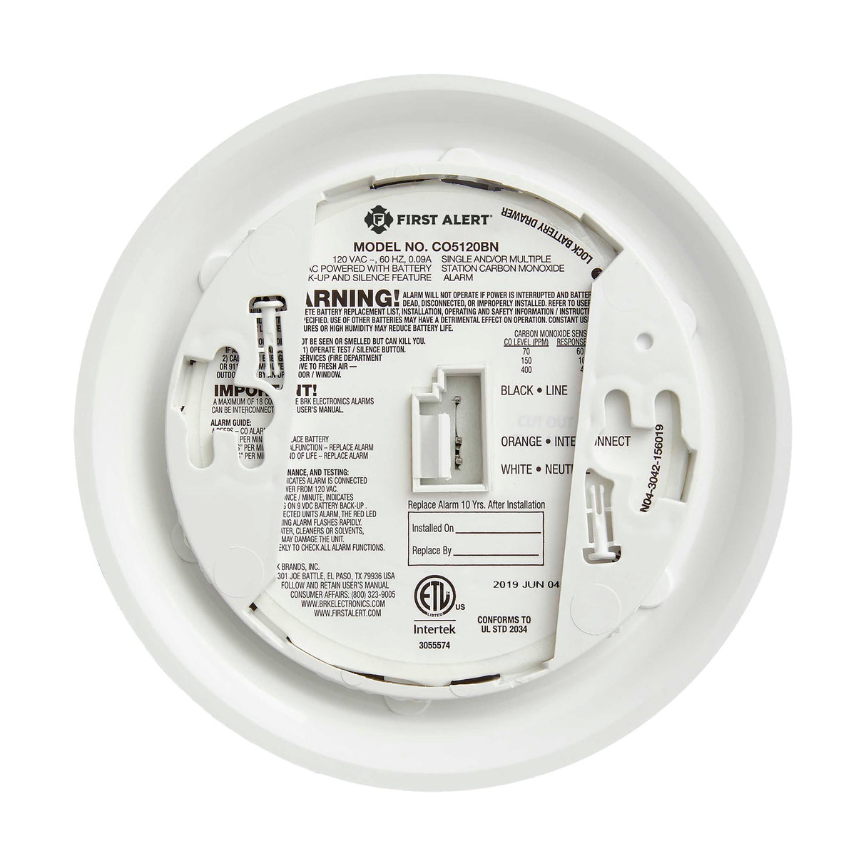 CO5120BN Back - Hardwired Carbon Monoxide Alarm with Battery Backup