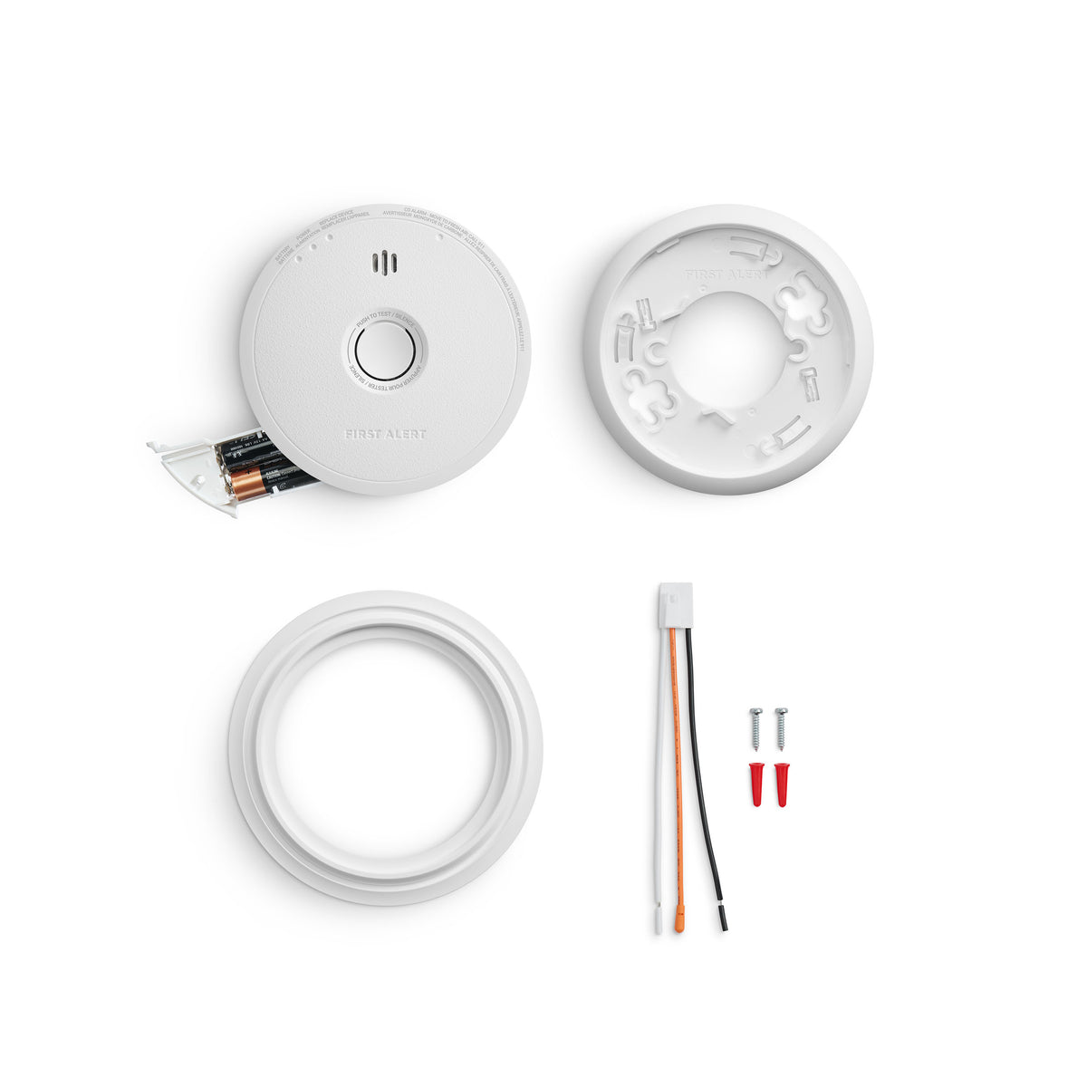 Front view CO6W01A Hardwired CO Alarm with Battery Backup with batteries, screws and anchors - CA