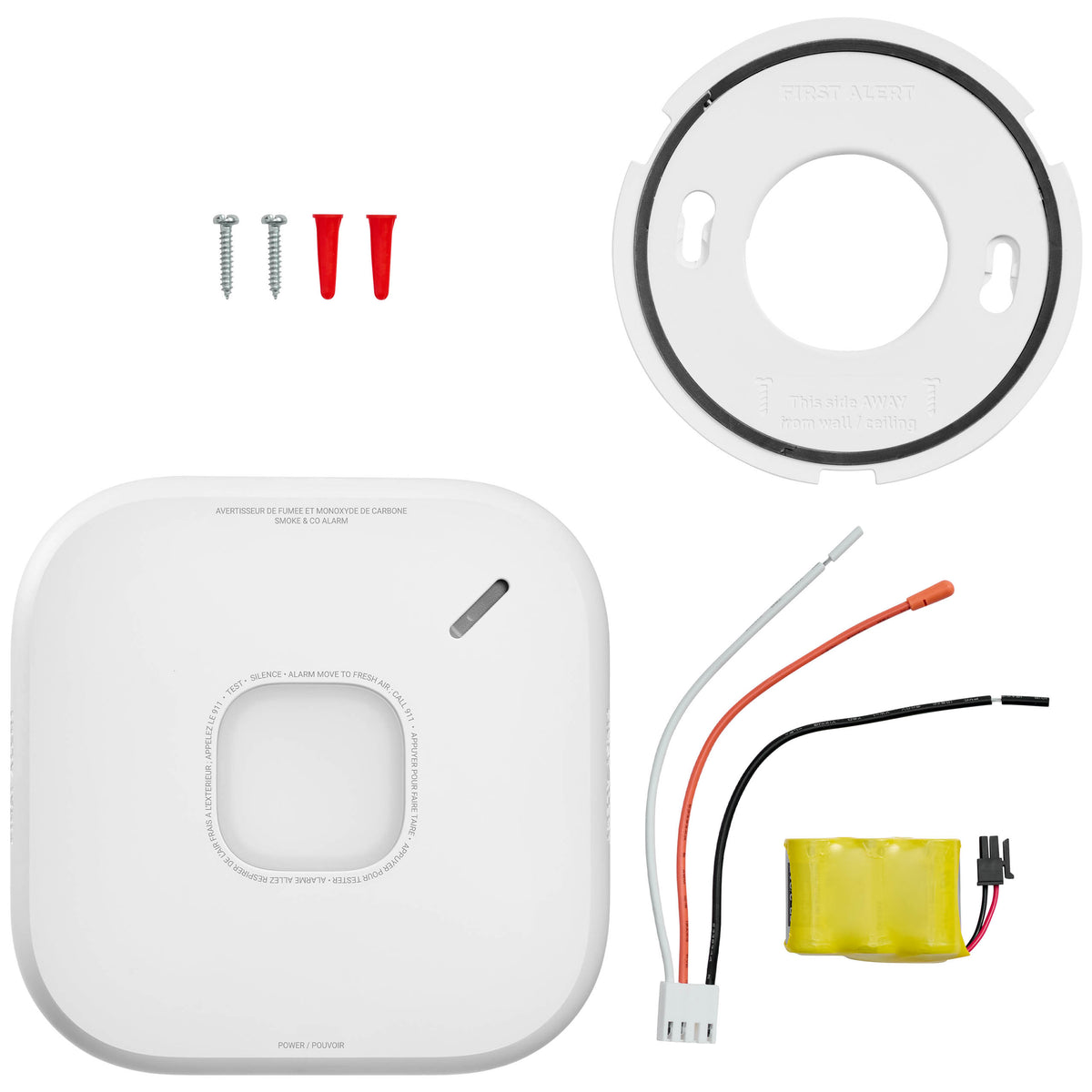 Hardwired Smart Smoke & Carbon Monoxide Alarm for Canada showing all parts