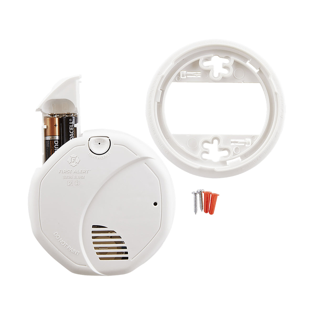 Smoke Alarm with mounting plate, showing battery drawer open, screws, and anchors