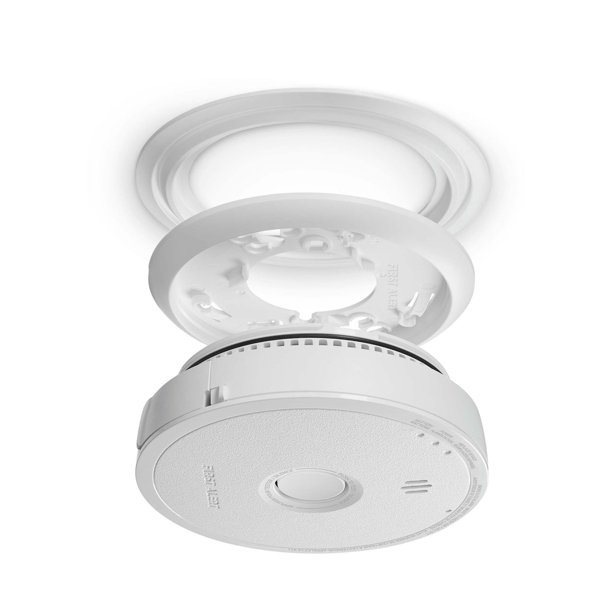Front view of SC6W01A Hardwire Smoke and CO Alarm with mounting plate and trim plate - CA