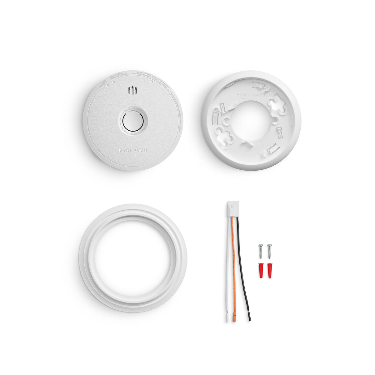 Front view of SC6W10A Hardwire Smoke and CO Alarm with battery, trim and mounting plate- CA