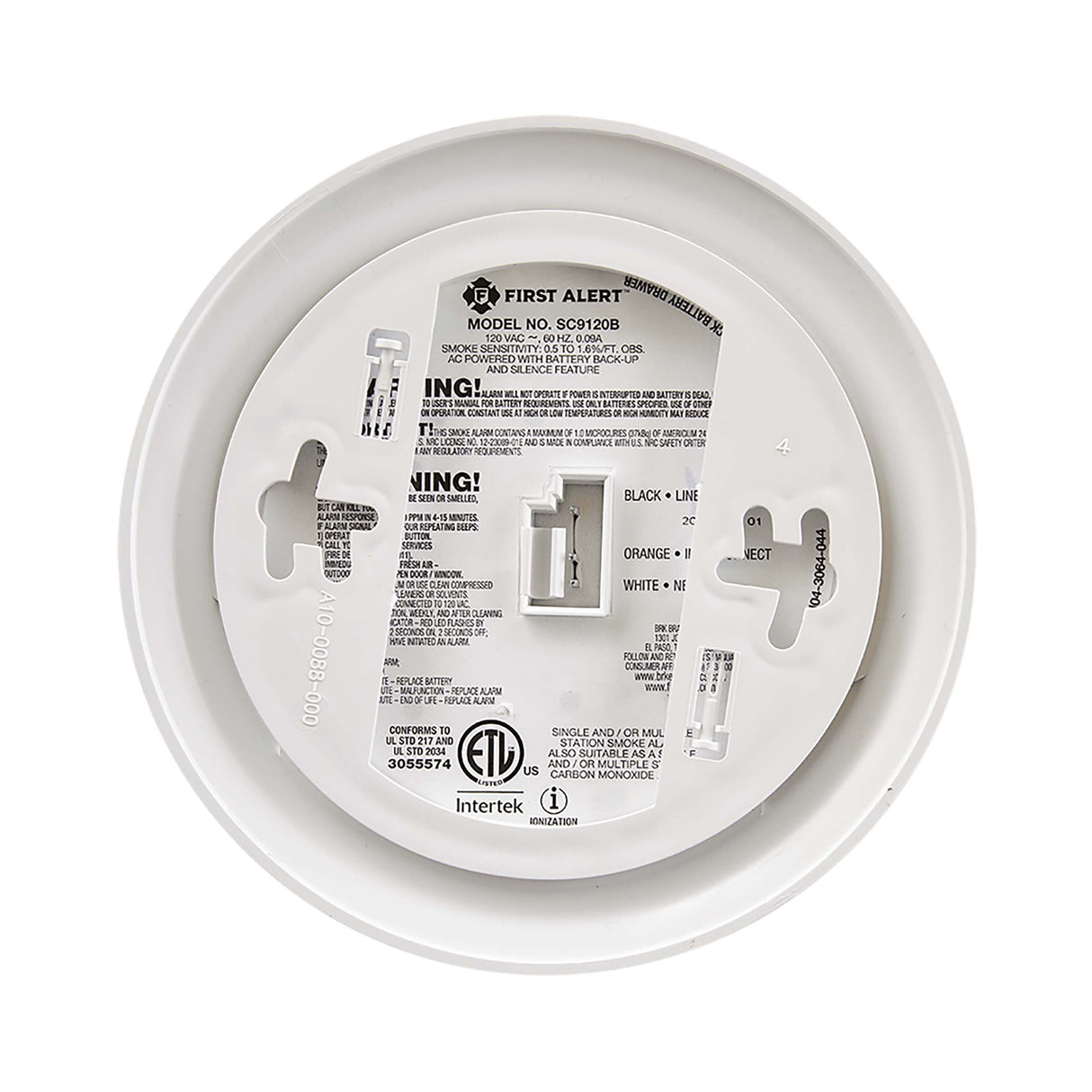 SC9120B Hardwired Smoke and Carbon Monoxide Alarm with Battery Backup - Back