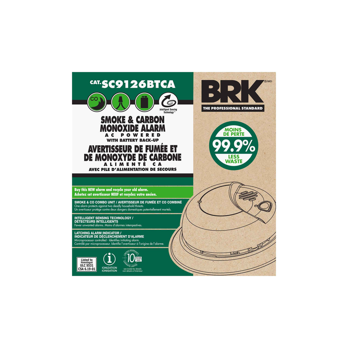 SC9126BTCA Hardwired Ion Smoke/CO Combo with 9V Battery Backup - Zero Waste