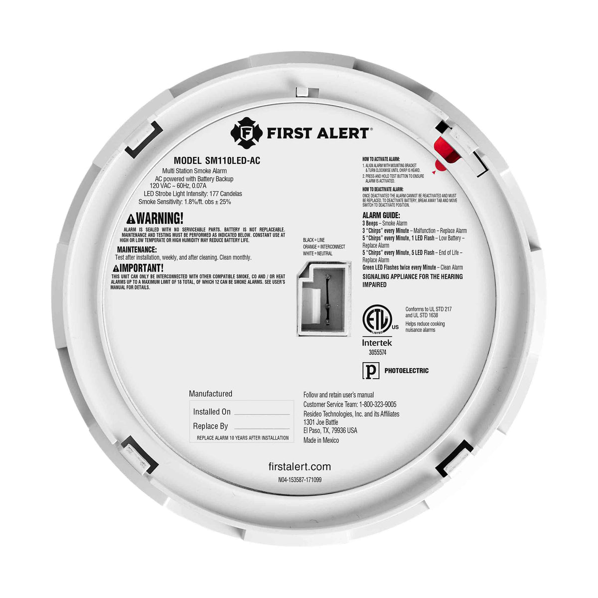 Hardwire Smoke Alarm with LED Strobe and 10-Year Battery Backup