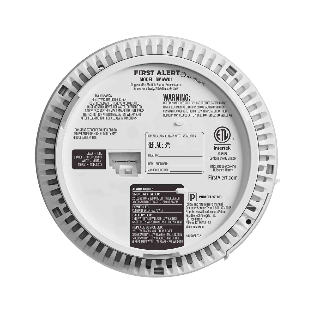 Back view of SM6W01 Hardwire Smoke Alarm with Battery Backup - US