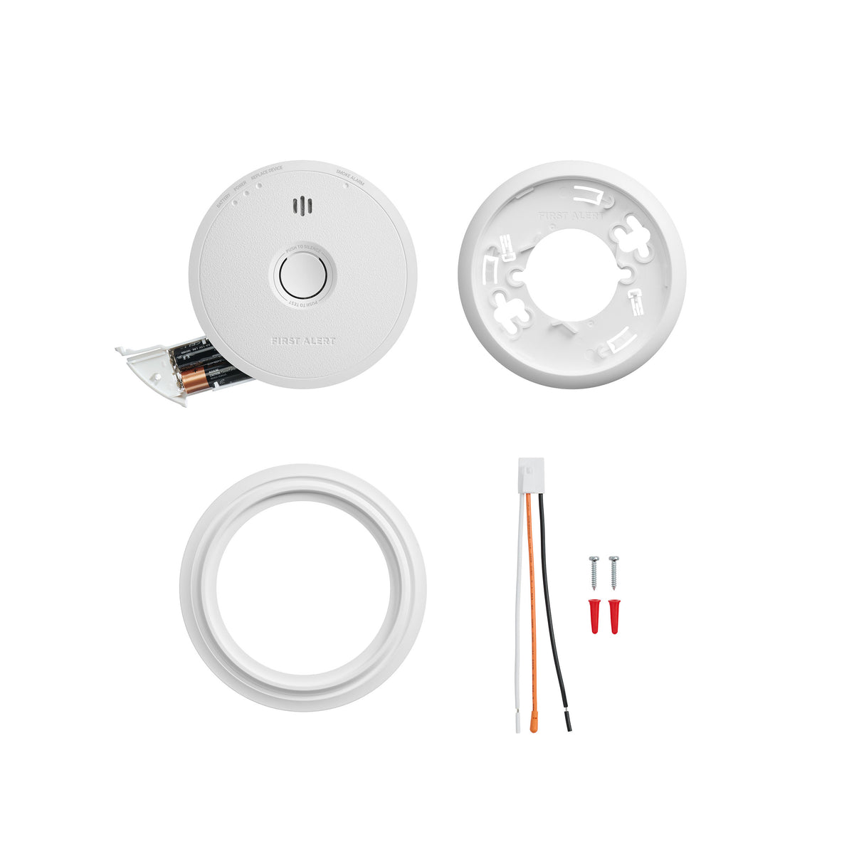 Front view of SM6W01 Hardwire Smoke Alarm with Battery Backup - with accessories,  Front - US