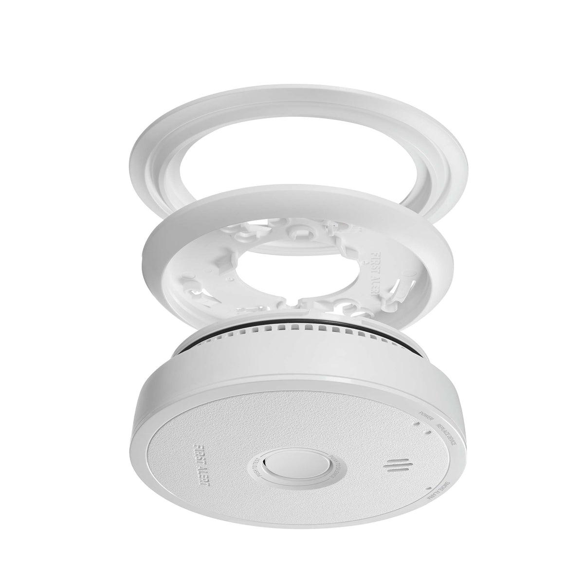 Side view of SM6W10 Hardwired Smoke Alarm with mounting plate and trim plate - US