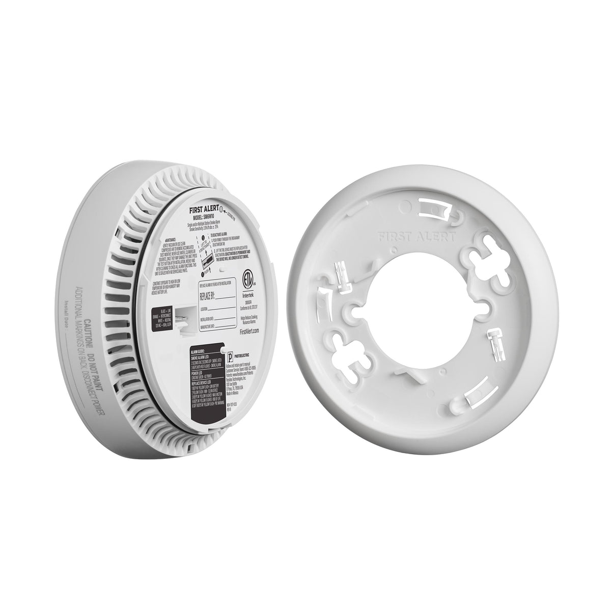 Side view of SM6W10 Hardwired Smoke Alarm with 10-year Battery Backup with mounting plate - US