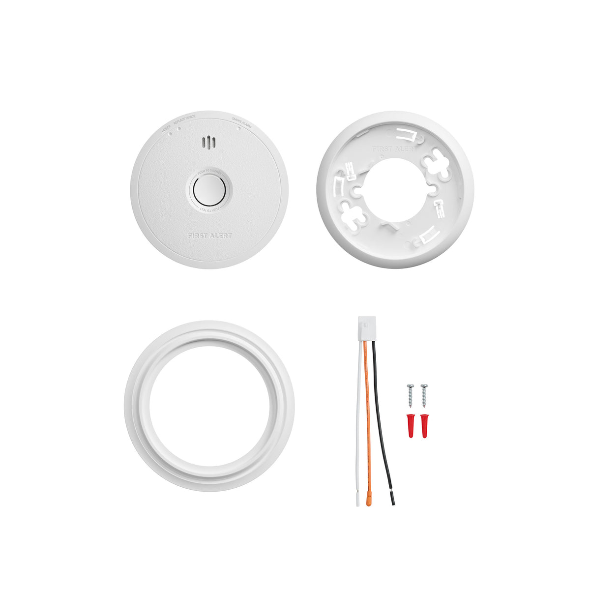 Front View of SM6W10 Hardwired Smoke Alarm with 10-year Battery Backup with accessories - US