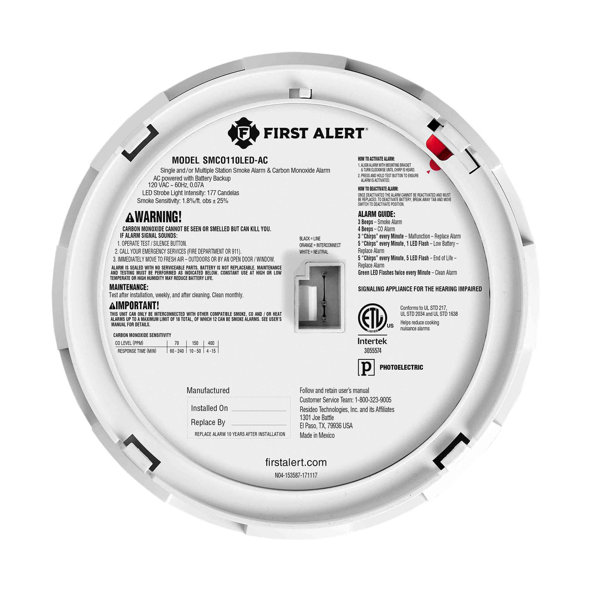 Hardwire Combination Smoke and Carbon Monoxide Alarm with LED Strobe and 10-Year Battery Backup