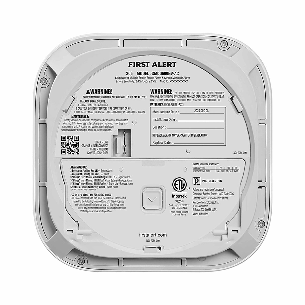 SC5 Hardwire Smart Smoke and Carbon Monoxide Alarm Back