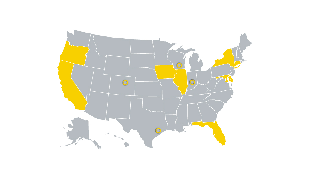 US map showing states in yellow that require 10-year battery alarms in adult care facilities 